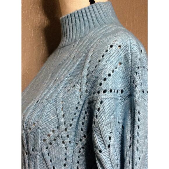 LOFT Women Wool Pointelle Mock Neck Soft Open Knit Sweater Pullover Small Blue - Picture 4 of 11